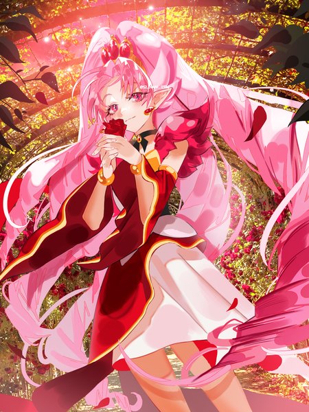 Anime picture 2651x3536 with precure go! princess precure toei animation akagi towa cure scarlet nani (s2 nani) single tall image looking at viewer highres standing pink hair very long hair pink eyes pointy ears drill hair magical girl girl flower (flowers) earrings