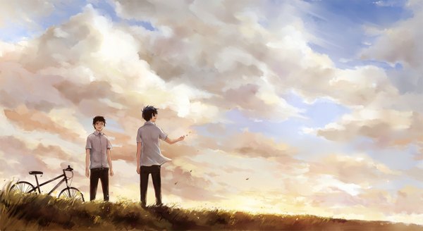 Anime picture 1500x821 with ao no exorcist a-1 pictures okumura rin okumura yukio short hair black hair wide image sky cloud (clouds) wind from behind multiple boys back landscape siblings twins brothers boy uniform plant (plants)