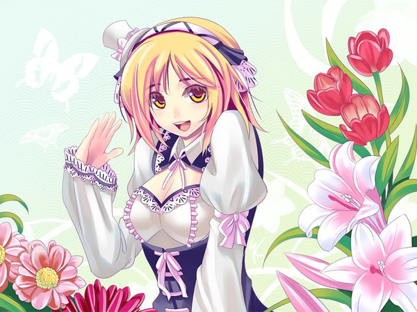 Anime picture 1024x768 with original kaizeru single fringe short hair breasts open mouth blonde hair smile yellow eyes girl dress flower (flowers) hat hairband mini hat mini top hat top hat