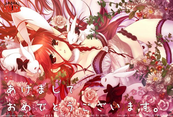 Anime picture 1048x708 with original ainili (artist) single long hair looking at viewer blush light erotic red eyes bare shoulders animal ears cleavage red hair lips bunny ears girl thighhighs underwear flower (flowers) panties ribbon (ribbons)