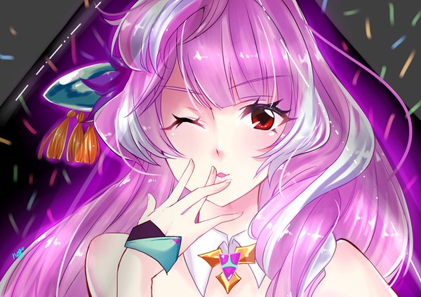 Anime picture 3035x2149 with macross macross delta mikumo guynemer aonegi single long hair looking at viewer blush highres red eyes bare shoulders signed absurdres silver hair purple hair upper body one eye closed multicolored hair wink two-tone hair