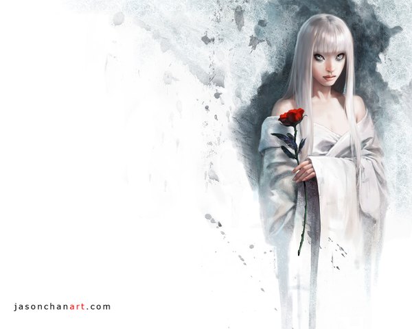 Anime picture 1280x1024 with original jason chan single long hair blue eyes white hair traditional clothes inscription girl flower (flowers) rose (roses)