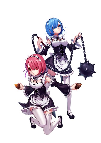 Anime picture 1500x2122 with re:zero kara hajimeru isekai seikatsu white fox rem (re:zero) ram (re:zero) fkey tall image looking at viewer fringe short hair blue eyes simple background white background multiple girls blue hair pink hair full body pink eyes hair over one eye maid zettai ryouiki