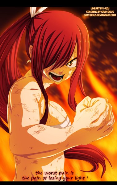 Anime picture 1073x1696 with fairy tail erza scarlet gray-dous single long hair tall image fringe breasts open mouth light erotic large breasts brown eyes ponytail red hair hair over one eye inscription bare belly coloring angry screaming