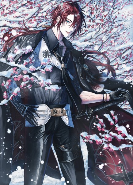 Anime picture 2750x3801 with touken ranbu nitroplus goke kanemitsu hakka (mint) single long hair tall image looking at viewer fringe highres blue eyes standing outdoors red hair hair over one eye hand on hip low ponytail snow plum blossoms vein (veins)
