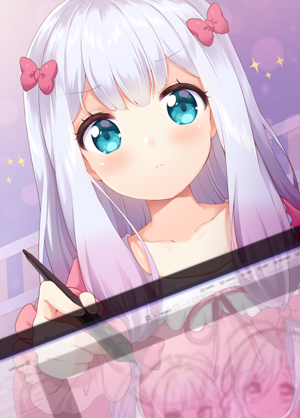 Anime picture 600x836 with eromanga sensei a-1 pictures izumi sagiri moorina single long hair tall image looking at viewer blush fringe blue eyes sitting holding silver hair upper body blunt bangs sparkle drawing girl hair ornament