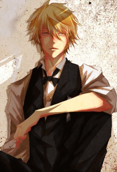 Anime picture 820x1200 with durarara!! brains base (studio) heiwajima shizuo maboroshi (2yushiba) single tall image short hair blonde hair sitting yellow eyes looking away lips boy shirt bowtie pants vest chemise