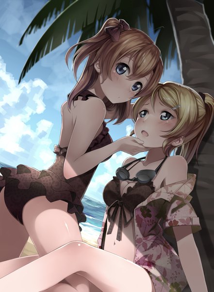 Anime picture 2835x3855 with love live! school idol project sunrise (studio) love live! ayase eli kousaka honoka pixiv id10180905 long hair tall image looking at viewer blush fringe highres breasts open mouth blue eyes light erotic blonde hair brown hair large breasts sitting
