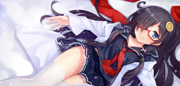 Anime picture 1669x800 with moe123 linxingzi nerv110 single long hair looking at viewer fringe blue eyes light erotic black hair wide image lying hair over one eye on back snowing girl thighhighs skirt uniform black thighhighs
