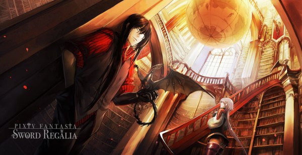 Anime picture 1508x777 with original pixiv fantasia pixiv fantasia sword regalia kzcjimmy long hair brown hair wide image standing yellow eyes pink hair indoors inscription couple open collar hand in pocket twisty sleeves girl boy animal shirt
