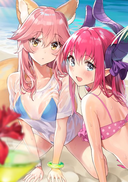 Anime picture 800x1132 with fate (series) fate/grand order fate/extra fate/extra ccc tamamo (fate) (all) elizabeth bathory (fate) (all) tamamo no mae (swimsuit lancer) (fate) elizabeth bathory (fate) ame (uten cancel) long hair tall image looking at viewer blush fringe breasts open mouth blue eyes light erotic smile hair between eyes