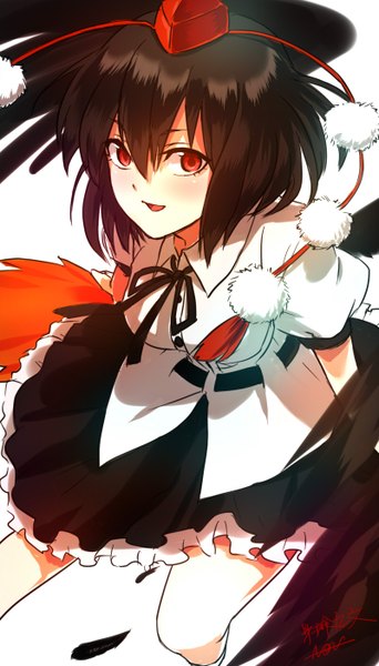 Anime picture 800x1400 with touhou shameimaru aya non (nonzile) single tall image looking at viewer fringe short hair black hair simple background red eyes white background black wings girl skirt wings clothes pom pom (clothes)
