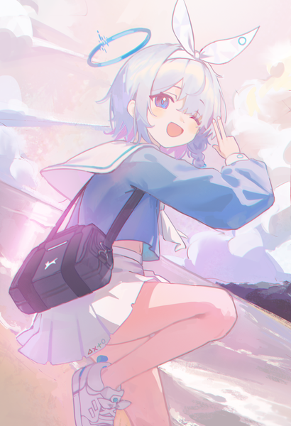 Anime picture 2023x2963 with blue archive arona (blue archive) calcite single tall image highres short hair open mouth blue eyes standing sky silver hair cloud (clouds) outdoors pleated skirt one eye closed wink standing on one leg ;d anaglyph