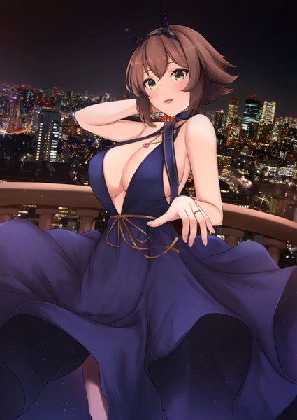 Anime picture 992x1400 with kantai collection mutsu battleship kannko bokujou single tall image looking at viewer blush fringe short hair breasts open mouth light erotic smile hair between eyes brown hair large breasts standing green eyes payot cleavage