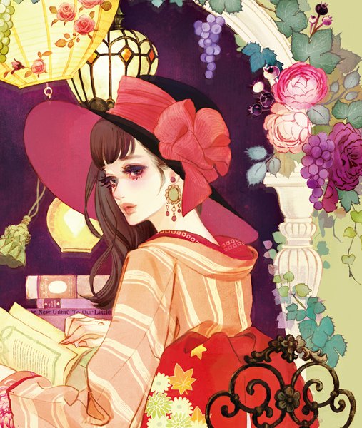 Anime picture 947x1120 with original matsuo hiromi single long hair tall image looking at viewer blush brown hair looking back lips black eyes turning head girl flower (flowers) ribbon (ribbons) earrings book (books) jewelry lamp hat ribbon