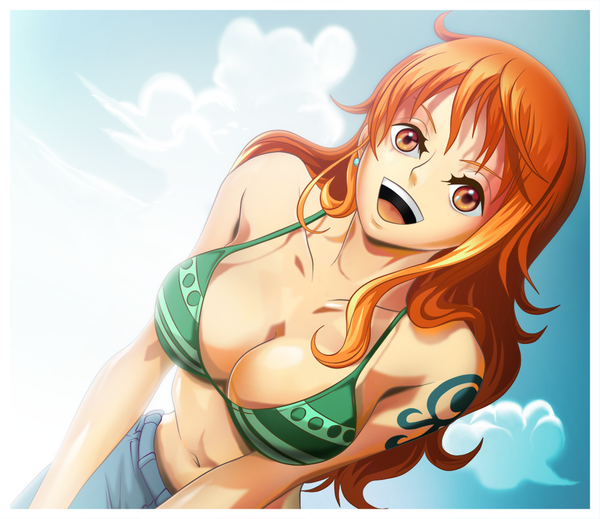 Anime picture 1000x866 with one piece toei animation nami (one piece) choparini single long hair breasts open mouth light erotic smile large breasts sky cloud (clouds) orange hair orange eyes tattoo coloring framed girl navel