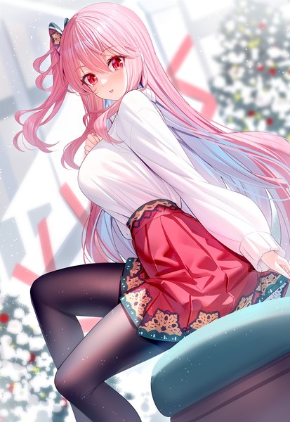 Anime picture 1000x1453 with original emily stock ririko (zhuoyandesailaer) single long hair tall image looking at viewer blush fringe open mouth hair between eyes red eyes sitting pink hair long sleeves :d pleated skirt multicolored hair aqua hair two-tone hair