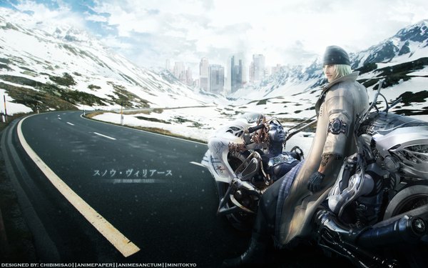 Anime picture 1920x1200 with final fantasy final fantasy xiii square enix snow villiers shiva (final fantasy) highres wide image realistic mountain scenic bandana road motorcycle