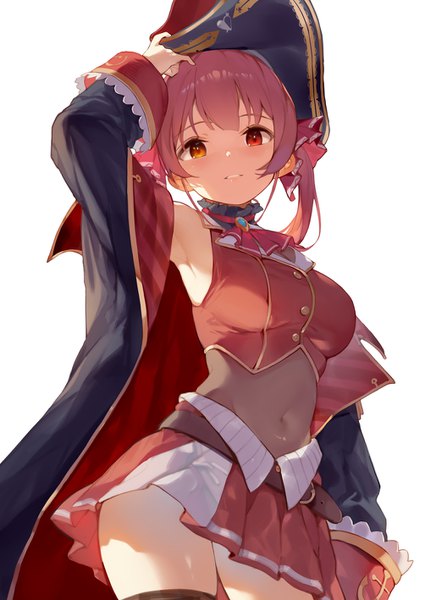 Anime picture 1003x1416 with virtual youtuber hololive houshou marine houshou marine (1st costume) hana mori single long hair tall image looking at viewer simple background white background twintails red hair pleated skirt armpit (armpits) midriff heterochromia covered navel adjusting hat girl