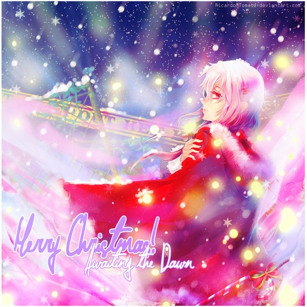 Anime picture 1000x1000 with guilty crown production i.g yuzuriha inori ric9duran single short hair pink hair profile pink eyes looking back inscription coloring snowing christmas winter snow merry christmas girl bow fur