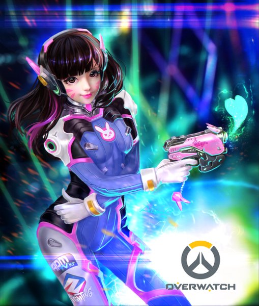 Anime picture 1028x1210 with overwatch blizzard entertainment d.va (overwatch) allison.c single long hair tall image looking at viewer fringe breasts smile brown hair standing holding brown eyes pink hair blunt bangs multicolored hair lips blurry