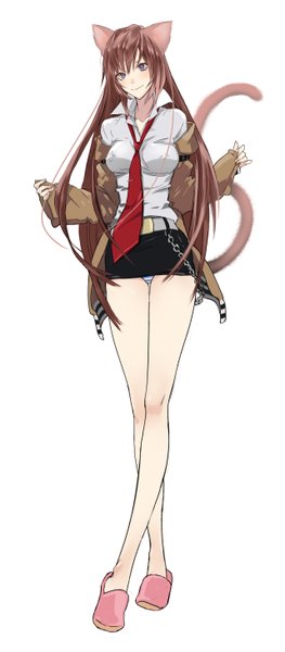 Anime picture 2560x5837 with steins;gate white fox makise kurisu koutarou (artist) single long hair tall image blush highres breasts blue eyes light erotic simple background smile brown hair white background animal ears absurdres tail bare legs