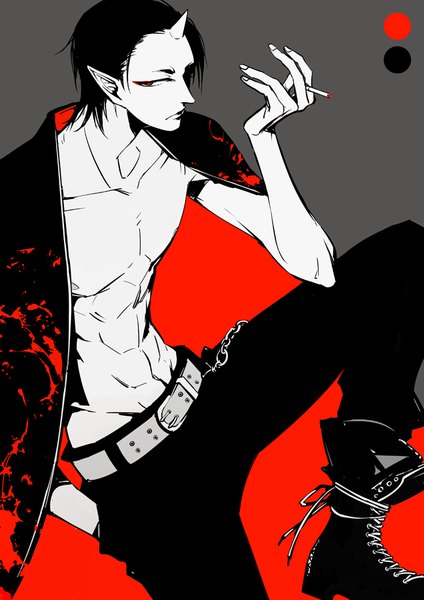 Anime picture 636x900 with hoozuki no reitetsu wit studio hoozuki (hoozuki no reitetsu) zmore single tall image fringe short hair light erotic black hair simple background standing bent knee (knees) horn (horns) fingernails grey background alternate costume groin eyebrows muscle