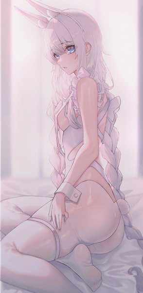 Anime picture 2940x6000 with azur lane le malin (azur lane) le malin (listless lapin) (azur lane) domi (hyaku8795) single long hair tall image looking at viewer blush fringe highres breasts blue eyes light erotic hair between eyes sitting animal ears ass white hair tail