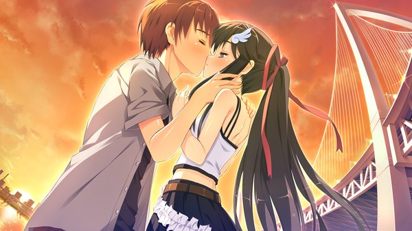 Anime picture 1280x720 with naka no hito nado inai hondou ayano nimura yuuji long hair blush short hair blue eyes black hair wide image game cg ponytail red hair eyes closed evening sunset kiss girl boy hair ornament ribbon (ribbons)