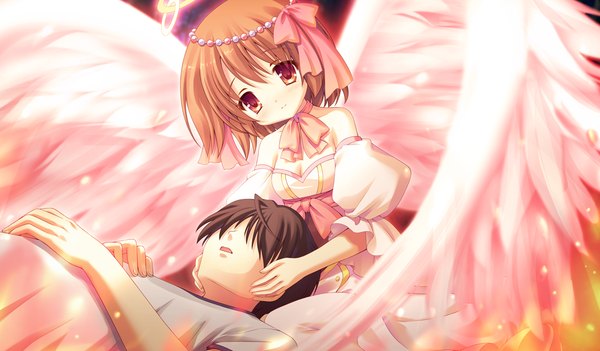 Anime picture 1024x600 with tsukumonotsuki short hair red eyes brown hair wide image game cg loli girl dress boy detached sleeves wings halo