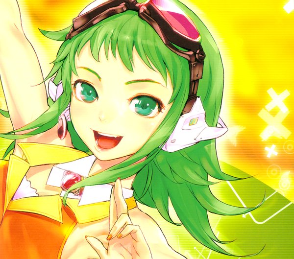 Anime picture 2748x2425 with vocaloid gumi redjuice single highres short hair open mouth green eyes nail polish green hair yellow background orange nail polish girl headphones goggles