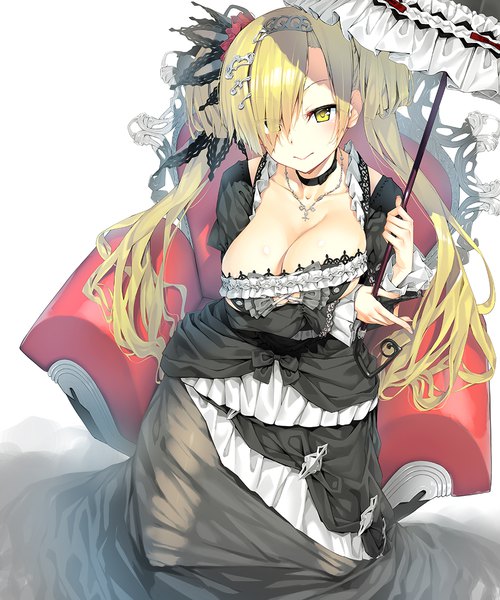 Anime picture 999x1200 with original peragura single long hair tall image looking at viewer blush fringe breasts light erotic blonde hair large breasts sitting twintails holding yellow eyes cleavage from above hair over one eye lolita fashion