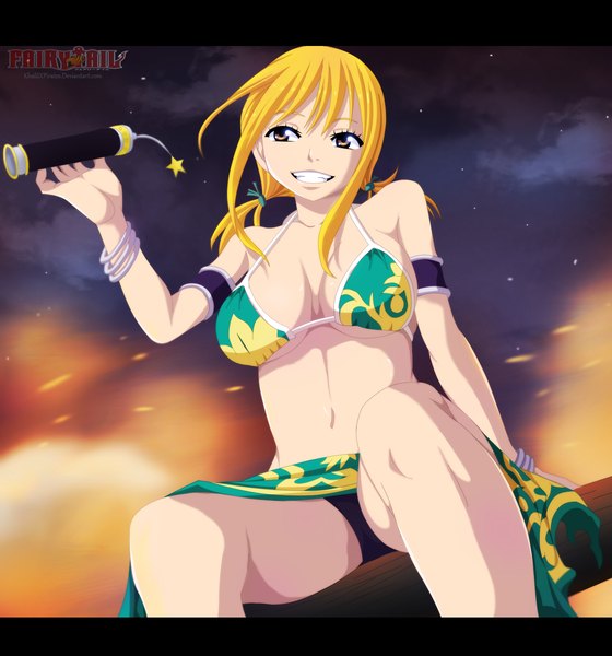 Anime picture 1455x1558 with fairy tail lucy heartfilia khalilxpirates single long hair tall image blush breasts light erotic blonde hair smile large breasts sitting twintails looking away cleavage cloud (clouds) black eyes night arm support