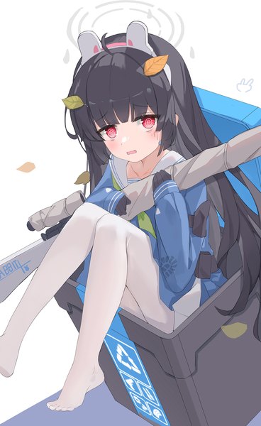 Anime-Bild 1227x2000 mit blue archive miyu (blue archive) serika single long hair tall image looking at viewer fringe black hair red eyes animal ears ahoge blunt bangs from above fake animal ears in container @ @ girl uniform weapon