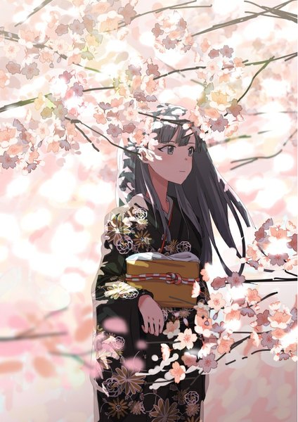 Anime picture 579x818 with idolmaster idolmaster cinderella girls kobayakawa sae ciero single long hair tall image blush fringe looking away long sleeves traditional clothes japanese clothes arm up light smile wind grey hair sunlight wide sleeves grey eyes