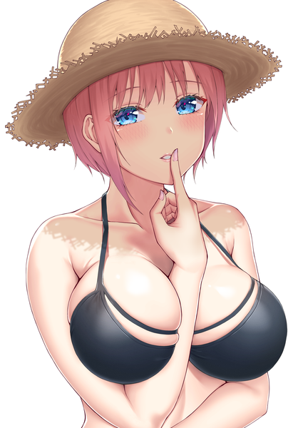 Anime picture 1218x1749 with go-toubun no hanayome nakano ichika nemunemu semi single tall image looking at viewer blush fringe short hair breasts blue eyes light erotic simple background large breasts white background bare shoulders pink hair cleavage upper body nail polish