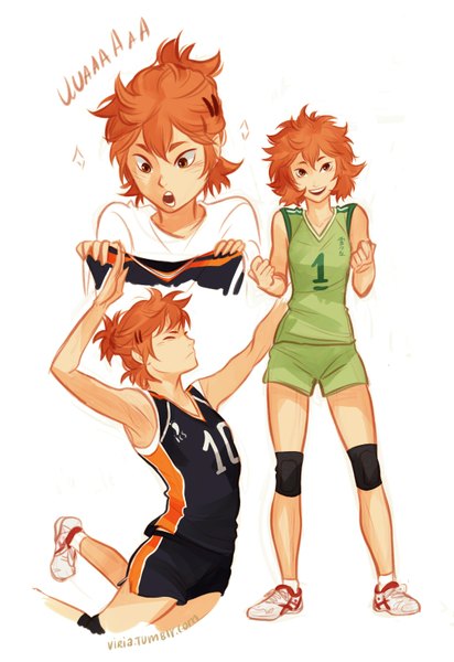 Anime picture 1087x1583 with haikyuu!! production i.g hinata shouyou viria13 tall image short hair simple background standing white background brown eyes orange hair jumping surprised genderswap multiple persona girl uniform hair ornament hairclip gym uniform