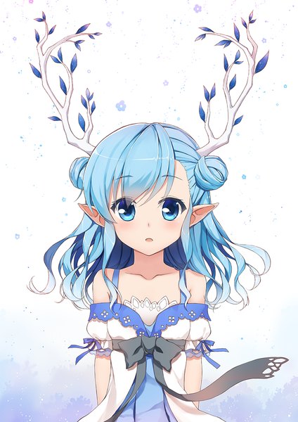 Anime picture 800x1131 with original terras single long hair tall image looking at viewer open mouth blue eyes white background bare shoulders blue hair horn (horns) pointy ears hair bun (hair buns) girl dress flower (flowers) leaf (leaves) sundress