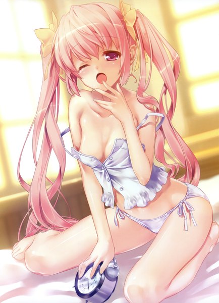 Anime picture 2440x3370 with ashishun long hair tall image highres breasts open mouth light erotic twintails bare shoulders pink hair cleavage one eye closed pink eyes wink underwear only morning yawn girl underwear panties