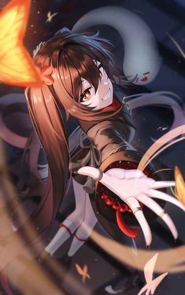 Anime picture 3767x6000 with genshin impact hu tao (genshin impact) boo tao (genshin impact) tiokun7 single tall image fringe highres smile hair between eyes red eyes brown hair twintails absurdres very long hair from above grin symbol-shaped pupils ghost no hat
