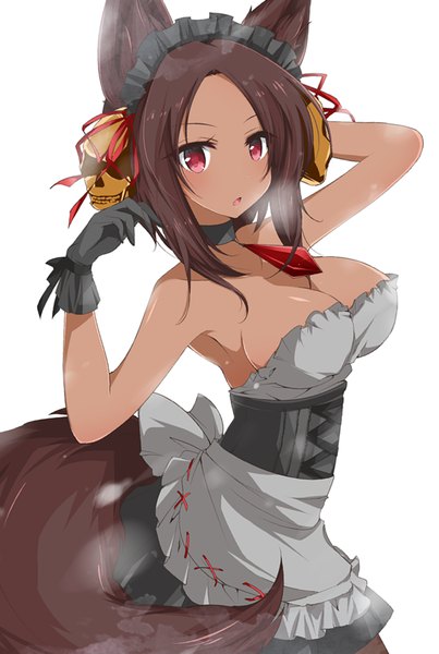 Anime picture 672x1000 with original syno single tall image looking at viewer blush short hair breasts open mouth light erotic simple background red eyes brown hair white background bare shoulders animal ears tail animal tail maid dark skin