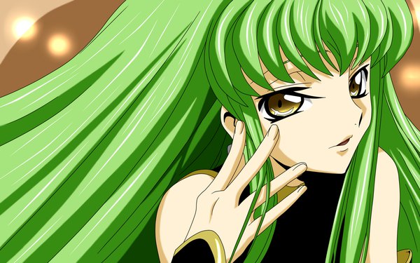 Anime picture 1920x1200 with code geass sunrise (studio) c.c. chakki single long hair looking at viewer fringe highres yellow eyes parted lips green hair wallpaper close-up girl