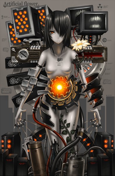 Anime picture 1000x1521 with original gia single long hair tall image fringe black hair red eyes hair over one eye tattoo mechanical mechanical parts girl