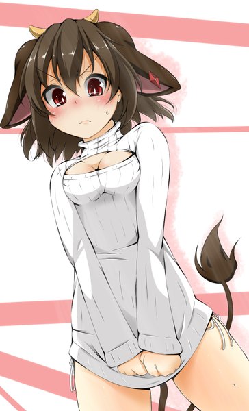 Anime picture 1050x1728 with show by rock!! studio bones holmy (show by rock!!) fumi (fumifumi-graffiti) single tall image blush fringe short hair breasts light erotic hair between eyes red eyes brown hair standing animal ears tail long sleeves animal tail horn (horns)