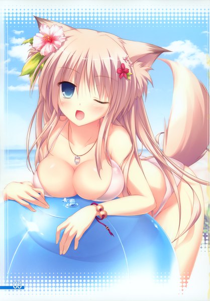 Anime picture 2538x3638 with original fujisaki rei single long hair tall image looking at viewer blush highres breasts open mouth blue eyes light erotic blonde hair large breasts animal ears tail animal tail one eye closed hair flower scan