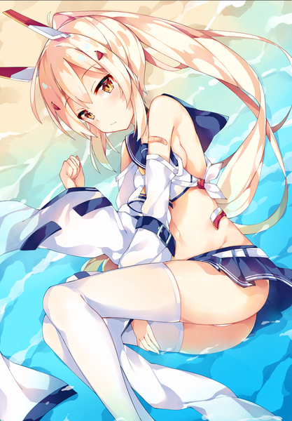 Anime picture 927x1333 with azur lane ayanami (azur lane) unacchi (nyusankin) single long hair tall image looking at viewer blush fringe breasts light erotic blonde hair hair between eyes brown eyes outdoors ponytail lying pleated skirt from above wide sleeves