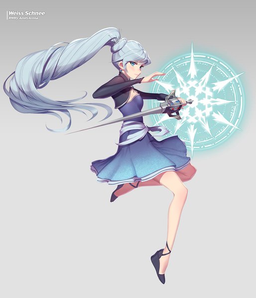Anime picture 1200x1401 with rwby rooster teeth weiss schnee uyalago single long hair tall image looking at viewer blue eyes holding silver hair full body long sleeves grey background character names floating hair shiny leg up girl dress