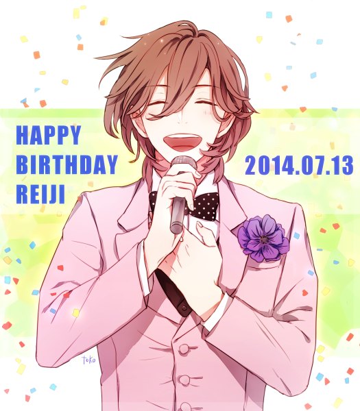 Anime picture 1050x1200 with uta no prince-sama a-1 pictures kotobuki reiji toko single tall image short hair open mouth hair between eyes brown hair signed eyes closed character names dated happy polka dot happy birthday boy flower (flowers) bowtie