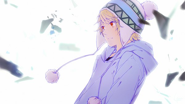 Anime picture 1280x720 with noragami studio bones yukine (noragami) gunni single short hair simple background blonde hair red eyes wide image light smile broken boy hat hood child (children)