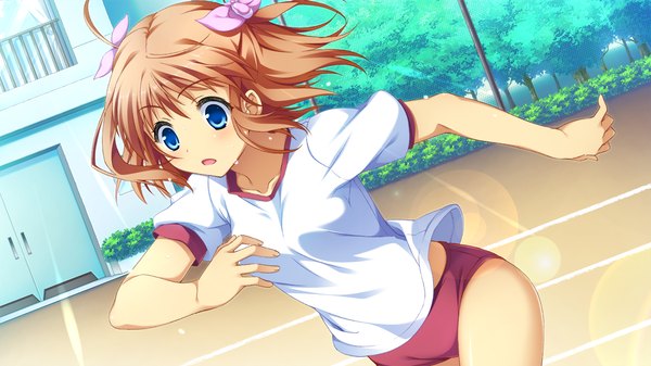 Anime picture 1280x720 with tojita sekai no tori colony blush short hair open mouth blue eyes wide image game cg orange hair running girl uniform bow hair bow gym uniform